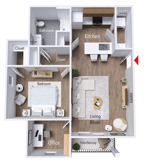 Floor plan for 1 bed, 1 bath, 748 sqft